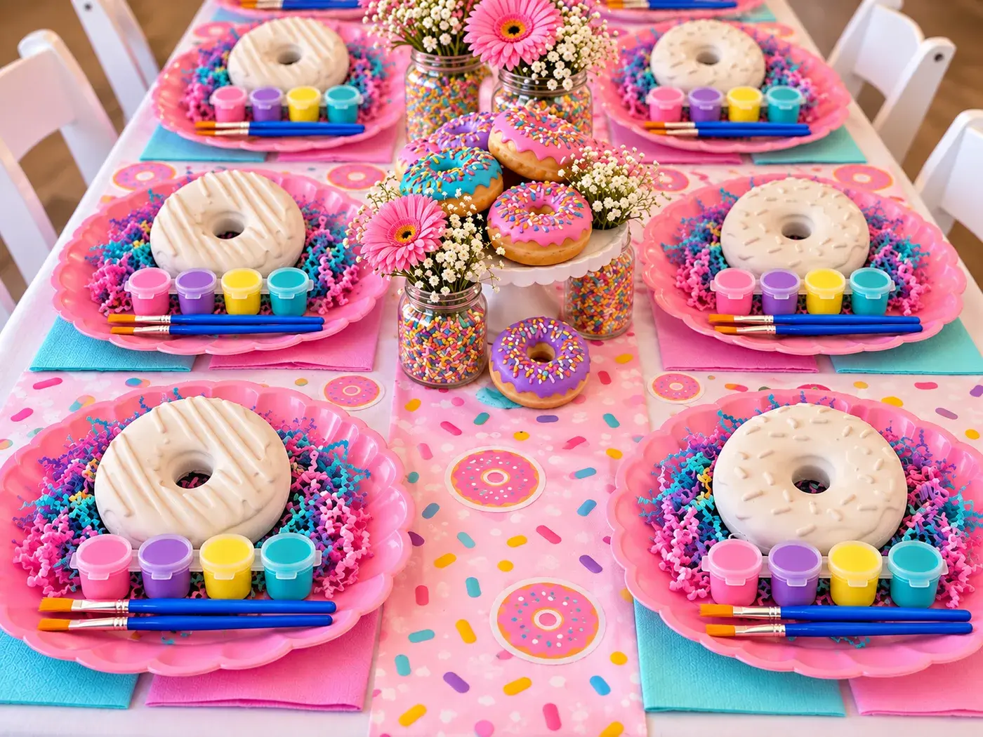 Donut Party kit set up on a party table, one figurine and paint set per guest
