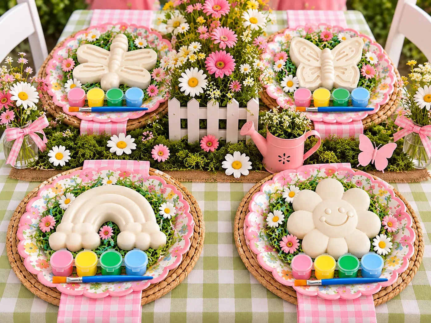 Garden Party kit set up on a party table, one figurine and paint set per guest